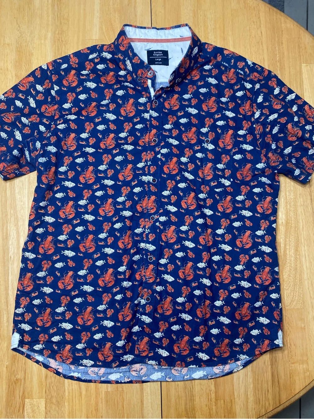 Sunrise Kingdom Men's Navy Short-Sleeve Button-Down Shirt with Red Lobster Print